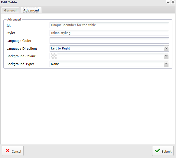 Table Advanced Tab